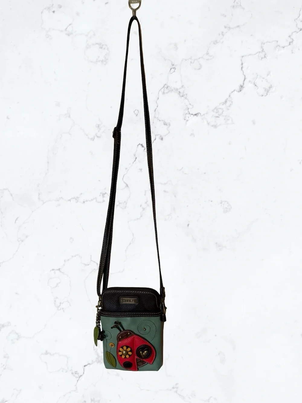Chala Mint Green Crossbody with Red Ladybug and Brown Trim